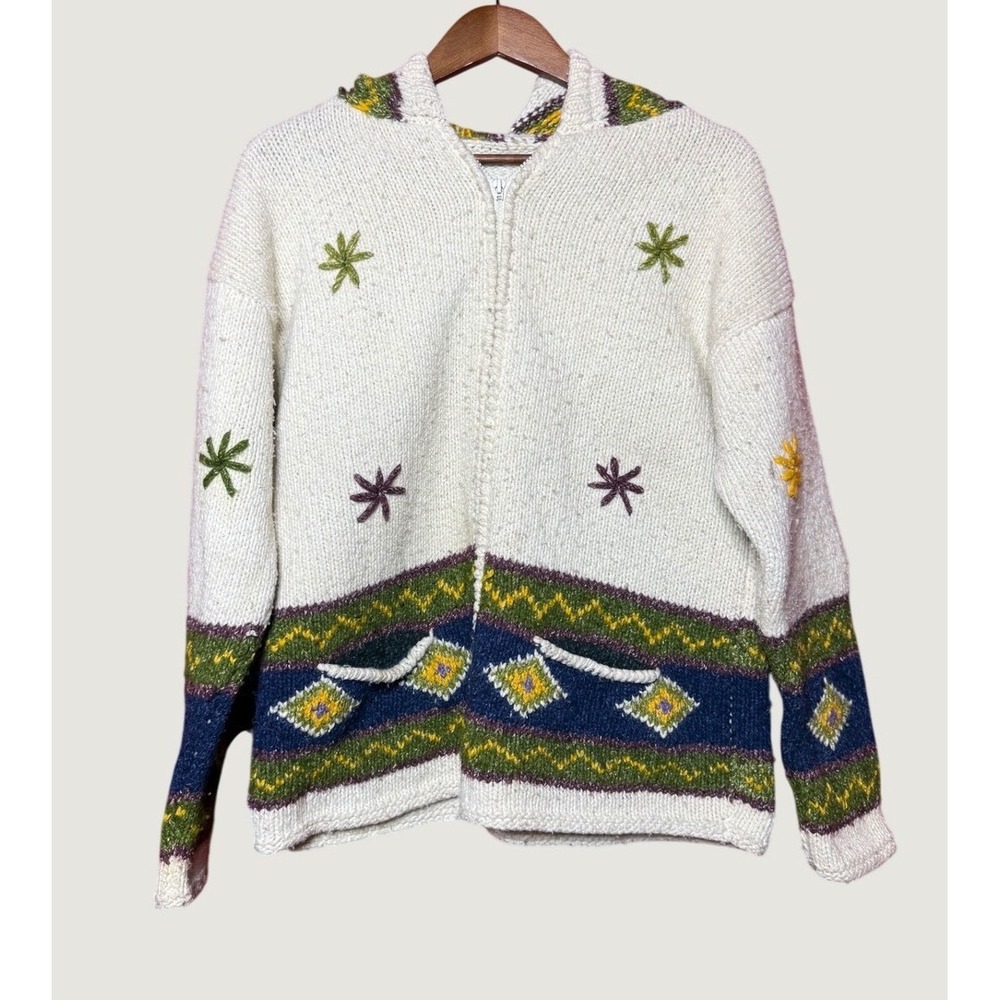 Unbranded Knit Hoodie Women NA Cream Multi Good Embroidered Fair Isle Zip Up